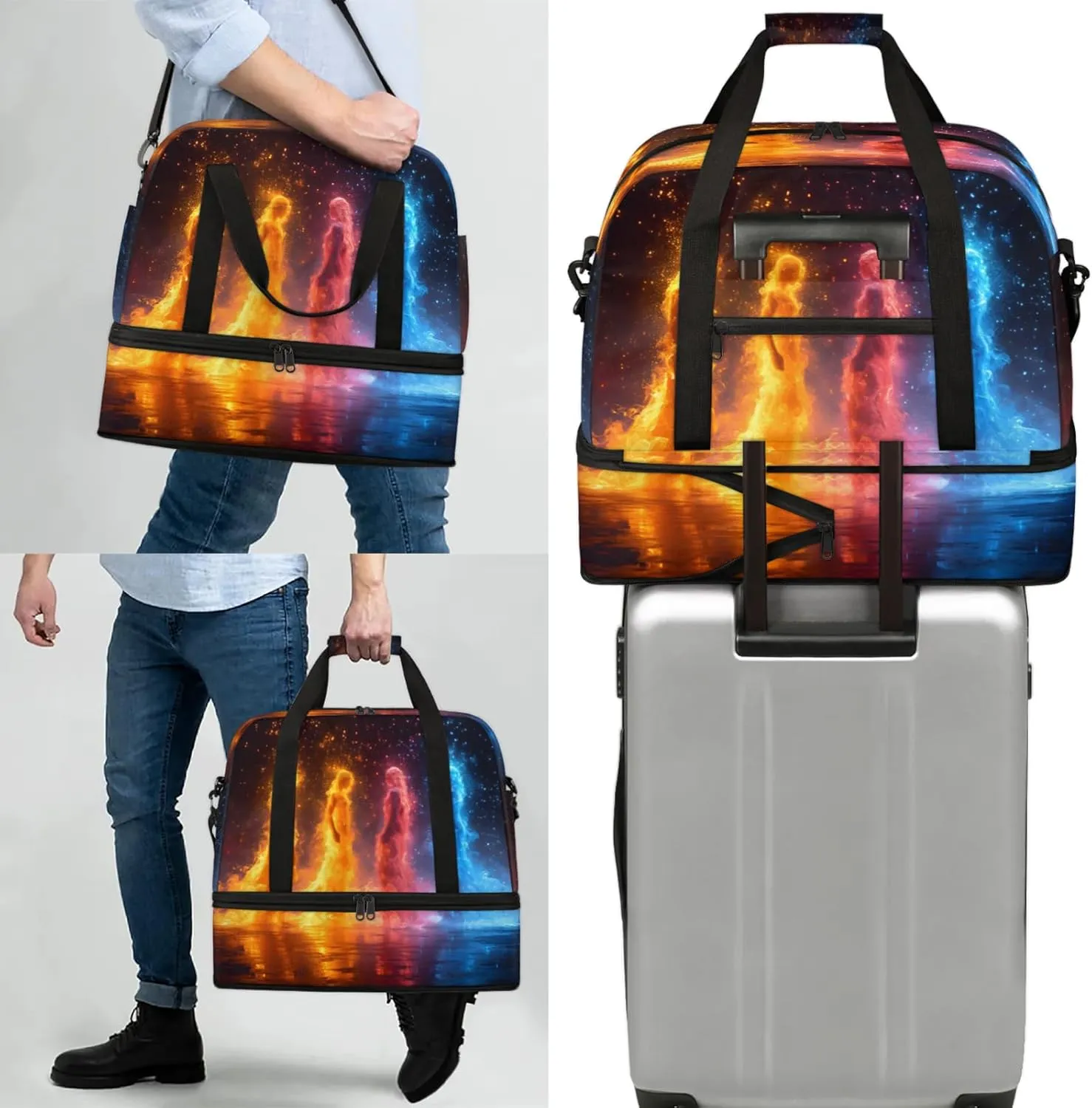 Abstract Fire Yellow Travel Duffel Bags for Women & Men Large Sports Gym Bags Foldie Weekender Overnight Bag Carry On Tote Bag With Shoe Compartment Personal Item Luggage for Travel Sports Gym