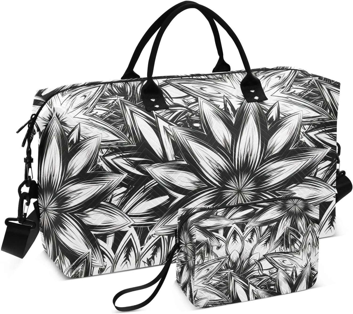 Abstract Floral Petal Monochrome Sports Gym Bag for Women Men Travel Duffel Bag Weekend Overnight Carry on Bag with Toiletry Bag Yoga Bag for Swimming Yoga Workout Hospital Plane