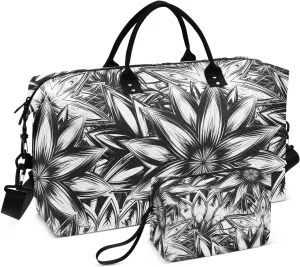 Abstract Floral Petal Monochrome Sports Gym Bag for Women Men Travel Duffel Bag Weekend Overnight Carry on Bag with Toiletry Bag Yoga Bag for Swimming Yoga Workout Hospital Plane