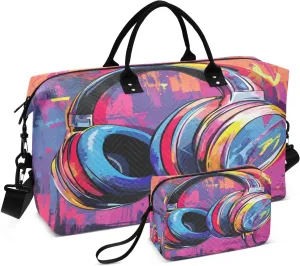 Abstract Headphone Vibrant Sports Gym Bag for Women Men Travel Duffel Bag Weekend Overnight Carry on Bag with Toiletry Bag Workout Dance Bag for Workout Swimming Yoga Plane Hospital