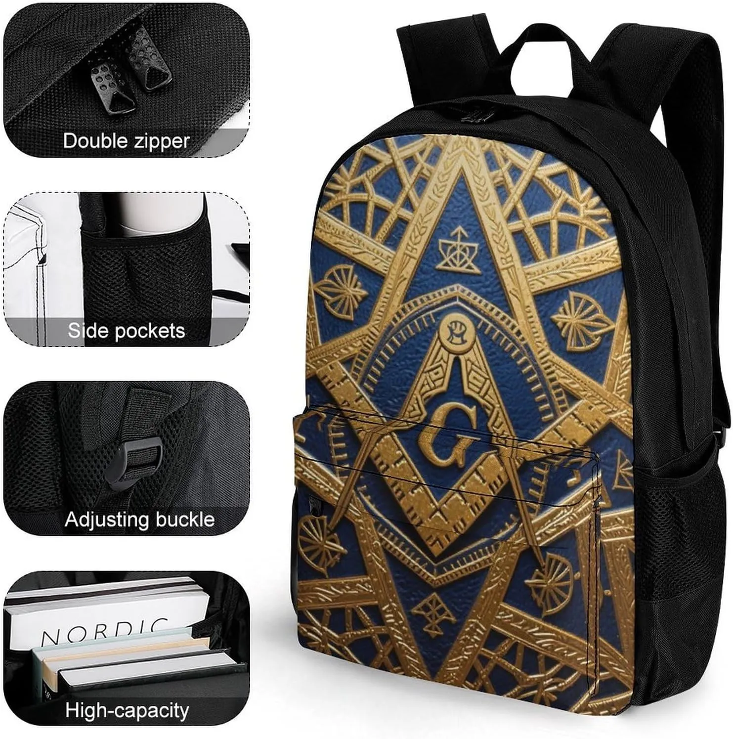 Adults Lightweight Gold Freemason Freemasonry Masonic Art Rucksacks Large Capacity Bookbag With Adjustable Shoulder Straps for Trekking Outdoors Bicycle