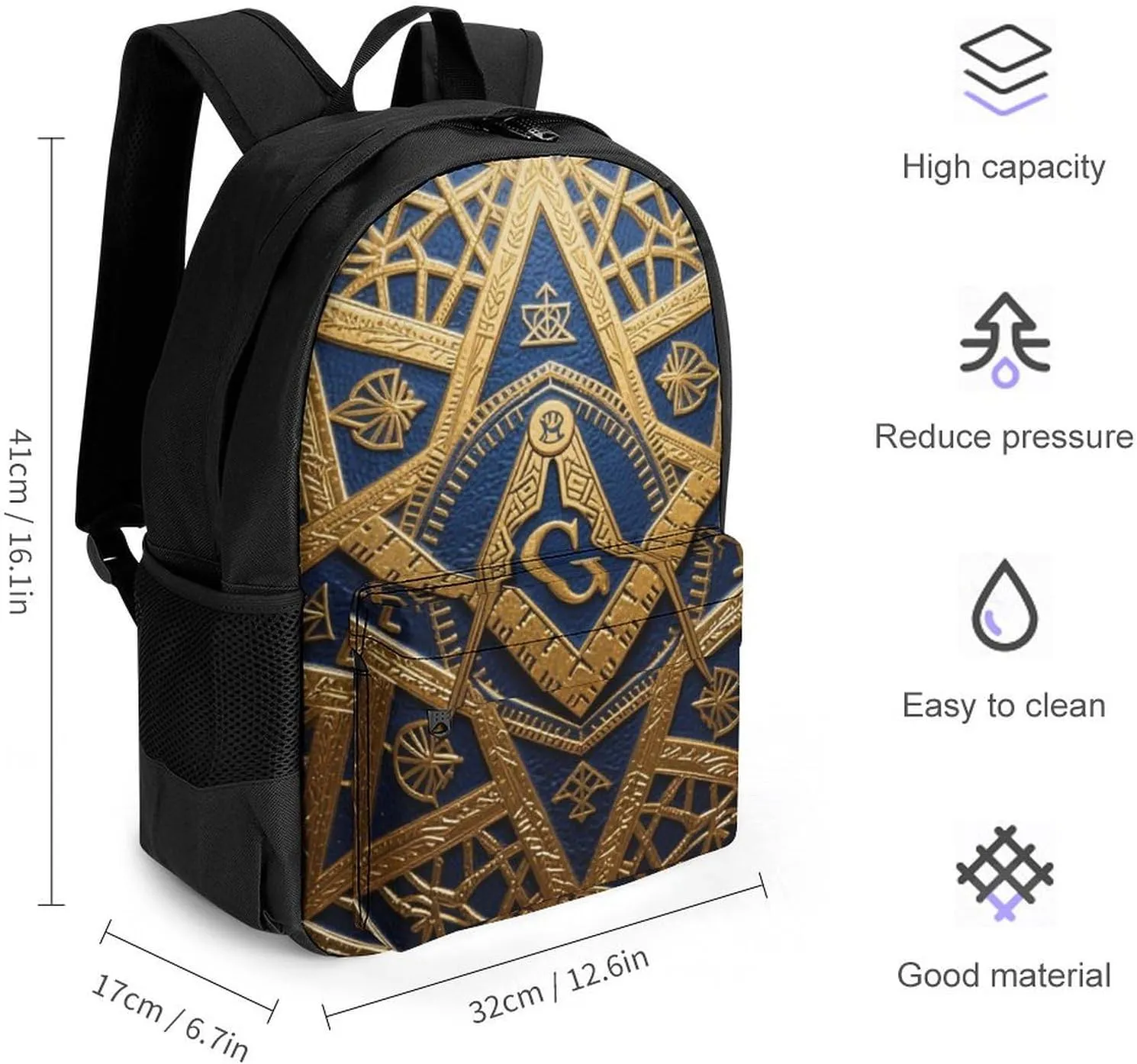 Adults Lightweight Gold Freemason Freemasonry Masonic Art Rucksacks Large Capacity Bookbag With Adjustable Shoulder Straps for Trekking Outdoors Bicycle