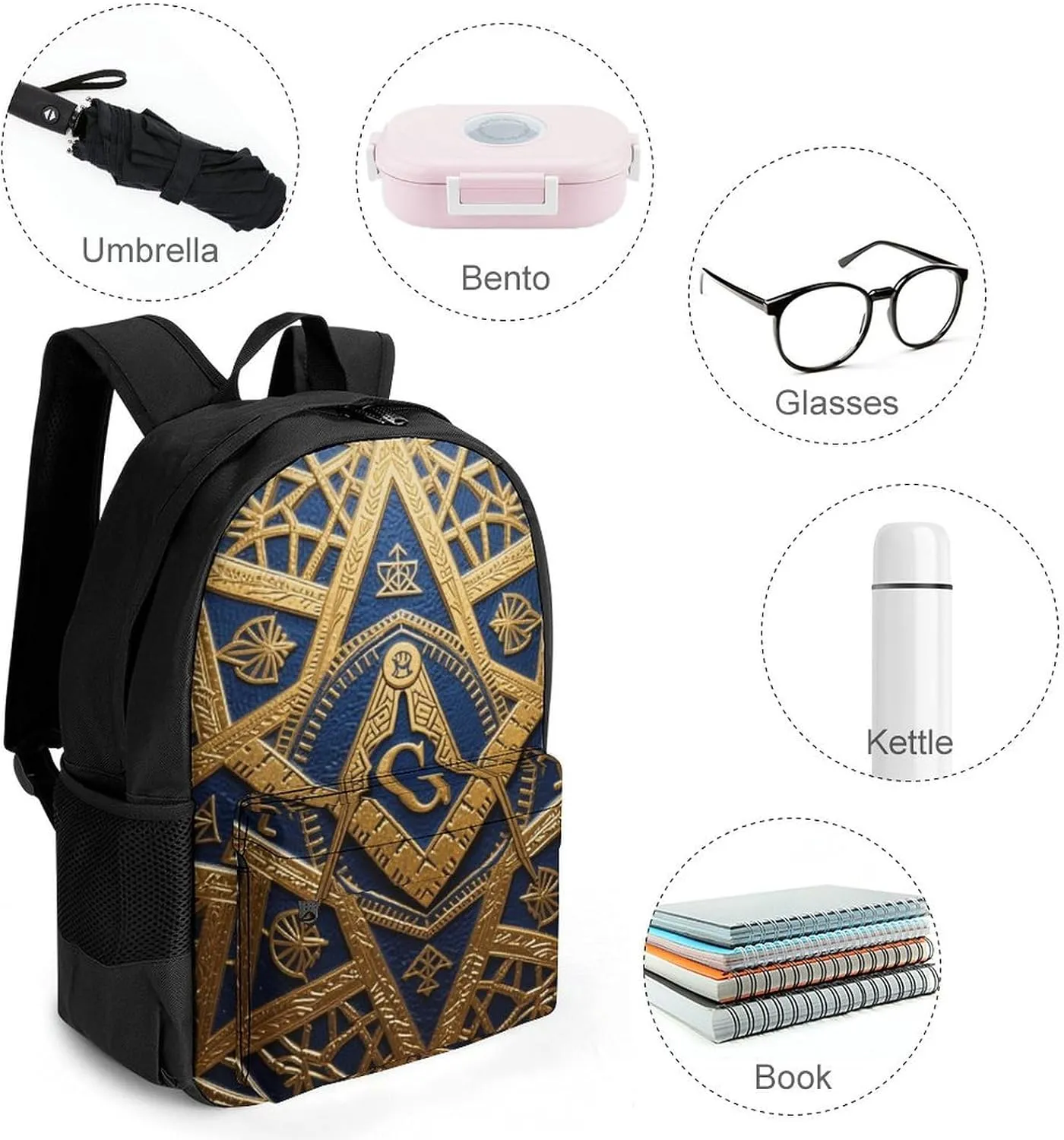 Adults Lightweight Gold Freemason Freemasonry Masonic Art Rucksacks Large Capacity Bookbag With Adjustable Shoulder Straps for Trekking Outdoors Bicycle