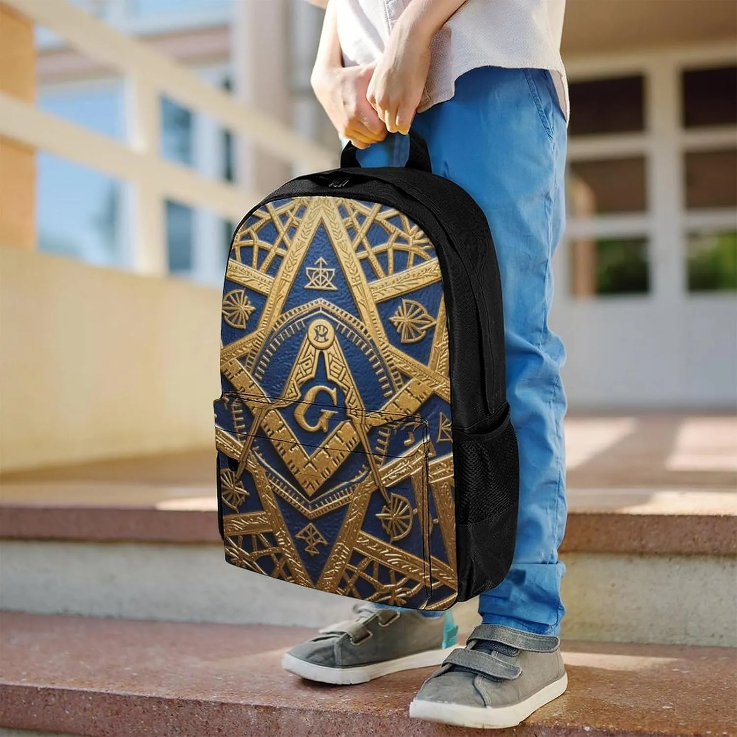 Adults Lightweight Gold Freemason Freemasonry Masonic Art Rucksacks Large Capacity Bookbag With Adjustable Shoulder Straps for Trekking Outdoors Bicycle
