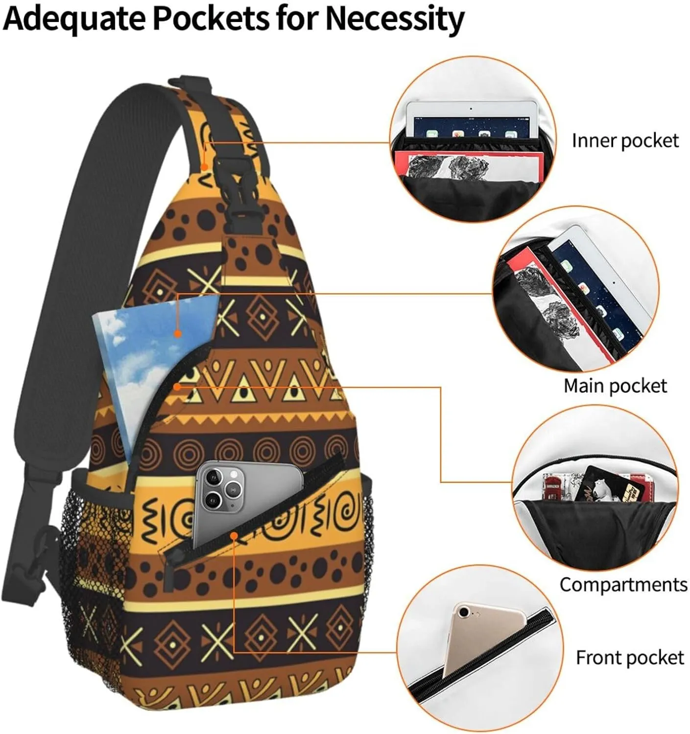 African Ethnic Bag for Women Men, Lightweight Sling Bag Chest Bag Tribe Handbag Backpack for Travel, Work