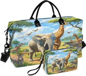 African Wildlife Animal Sports Gym Bag for Women Men Travel Duffel Bag Weekend Overnight Carry on Bag with Toiletry Bag for Yoga Swimming Hospital Plane