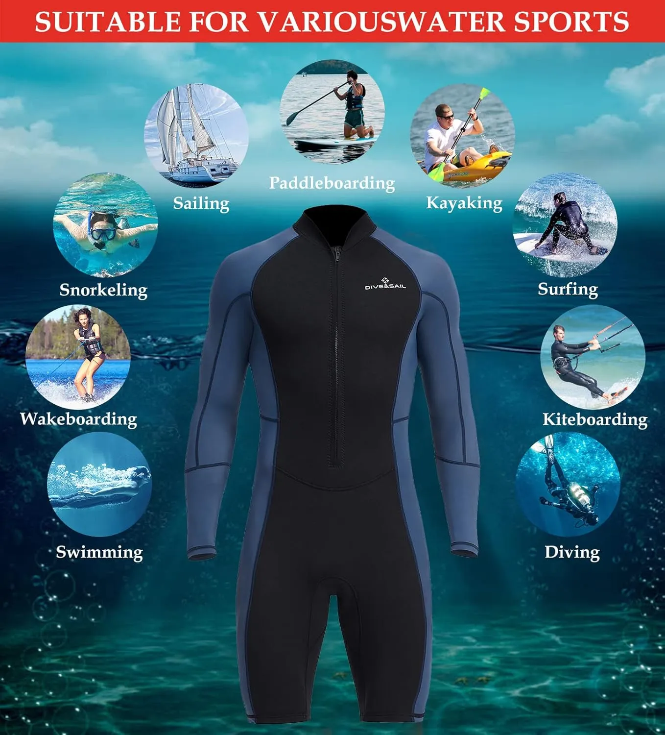 Aivtalk Adult 1.5mm Neoprene Main Body Shorty Wetsuit Summer Snorkeling Scuba Diving Suit Long/Short Sleeve for Couple