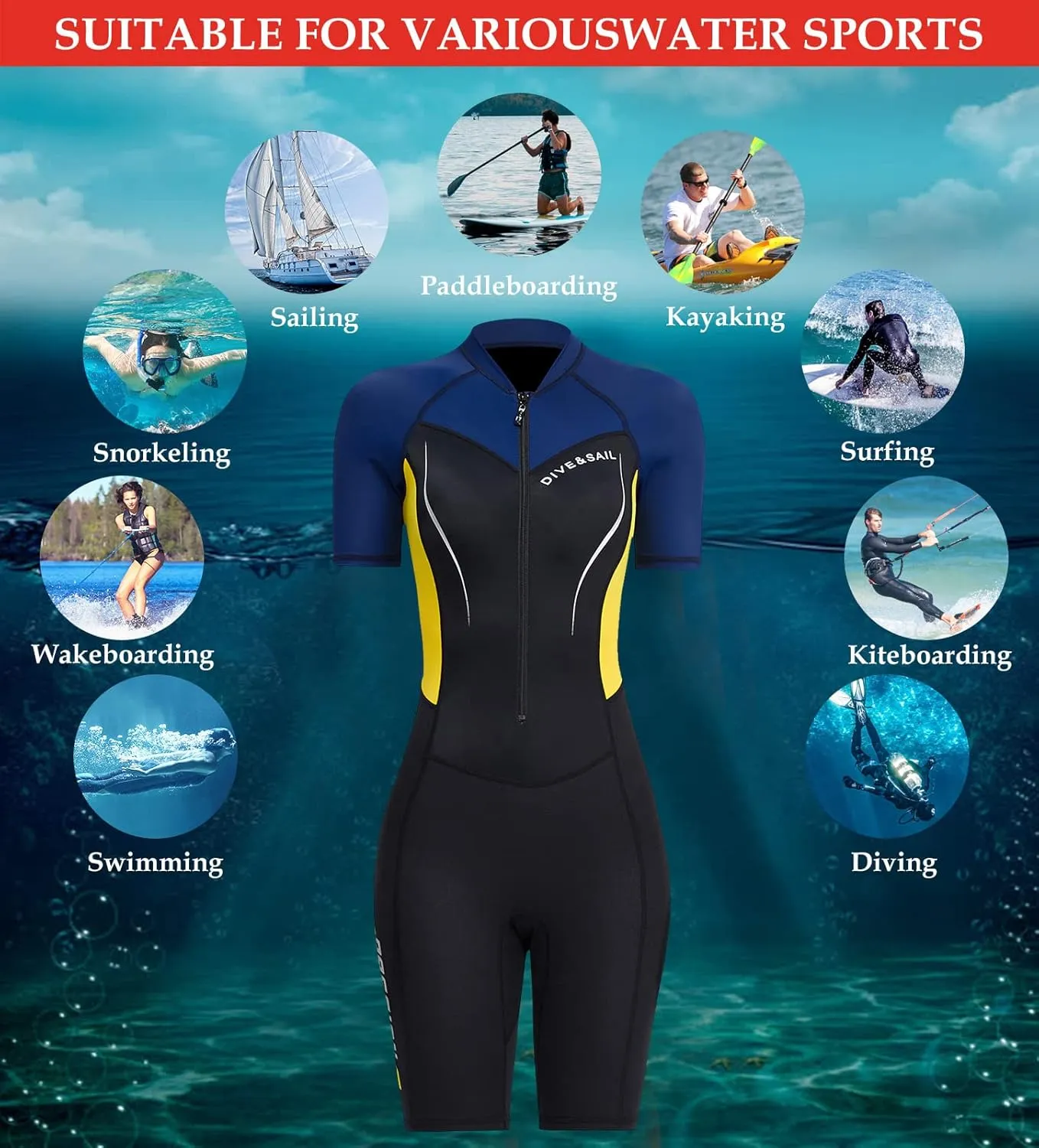 Aivtalk Adult 1.5mm Neoprene Main Body Shorty Wetsuit Summer Snorkeling Scuba Diving Suit Long/Short Sleeve for Couple