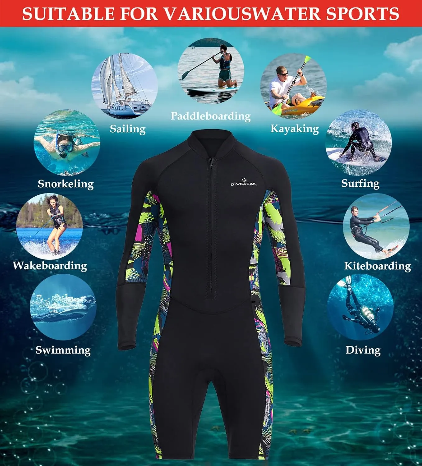Aivtalk Adult 1.5mm Neoprene Main Body Shorty Wetsuit Summer Snorkeling Scuba Diving Suit Long/Short Sleeve for Couple