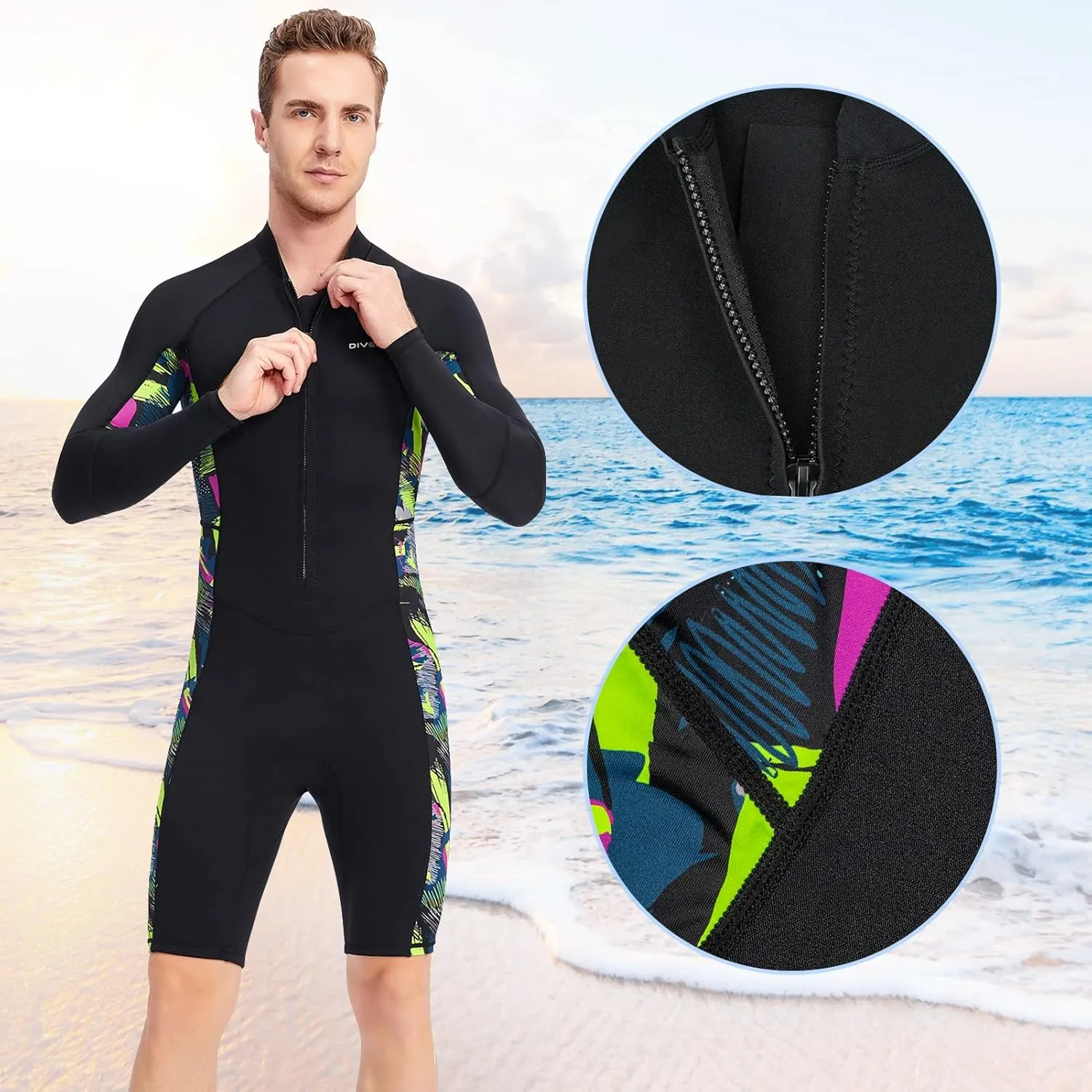 Aivtalk Adult 1.5mm Neoprene Main Body Shorty Wetsuit Summer Snorkeling Scuba Diving Suit Long/Short Sleeve for Couple