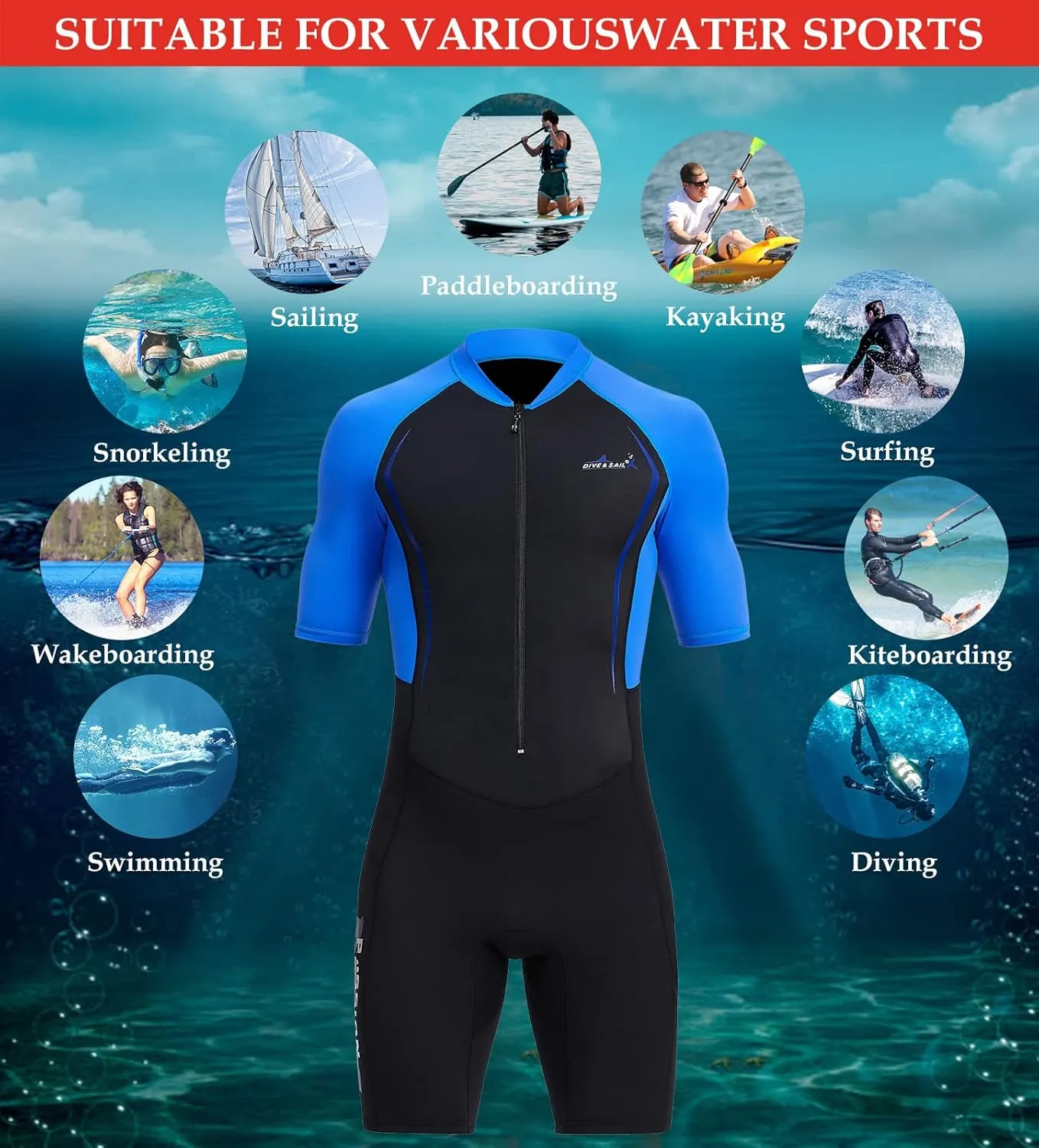 Aivtalk Adult 1.5mm Neoprene Main Body Shorty Wetsuit Summer Snorkeling Scuba Diving Suit Long/Short Sleeve for Couple
