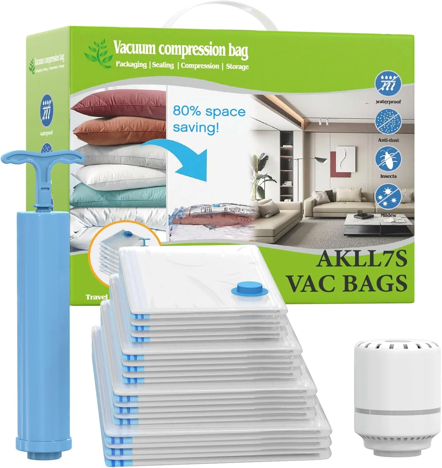 AKLL7S Vacuum Storage Bags with Electric Pump, 12 Pack Space Saver Bags(3 Jumbo/3 Large/3 Medium/3 Small) Vacuum Seal Bags for Clothing, Comforters, Blankets, Travel(Hand Pump Included)