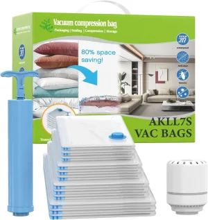 AKLL7S Vacuum Storage Bags with Electric Pump, 12 Pack Space Saver Bags(3 Jumbo/3 Large/3 Medium/3 Small) Vacuum Seal Bags for Clothing, Comforters, Blankets, Travel(Hand Pump Included)