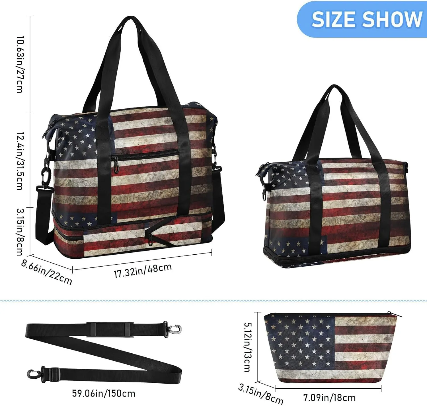 ALAZA American Flag Patriotic Travel Duffel Bag for Women Men Sports Gym Bag with Shoe Compartment Tote Weekender Overnight Bags with Wet Pocket for Travel,Gym,Yoga,Swimming