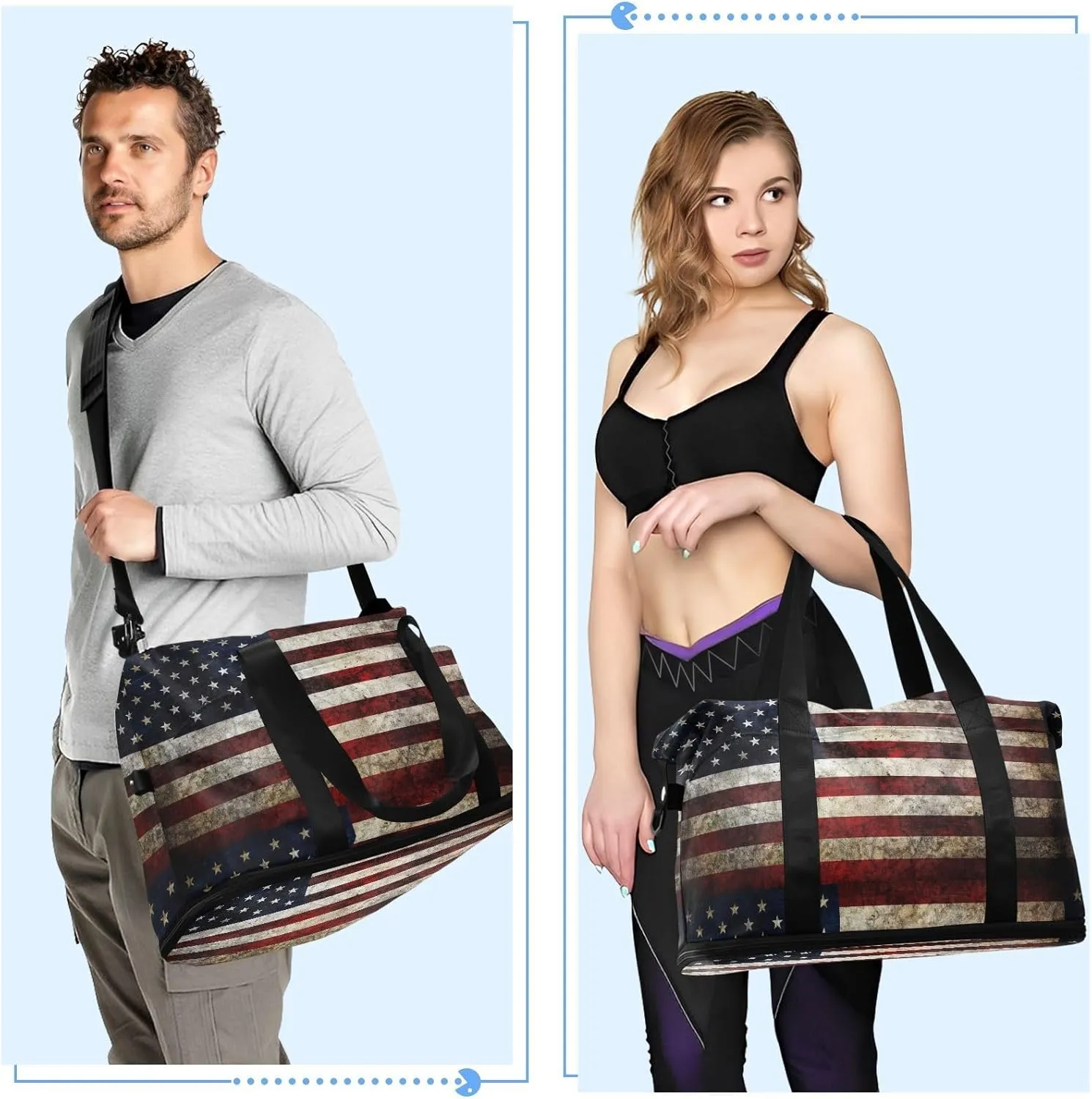 ALAZA American Flag Patriotic Travel Duffel Bag for Women Men Sports Gym Bag with Shoe Compartment Tote Weekender Overnight Bags with Wet Pocket for Travel,Gym,Yoga,Swimming