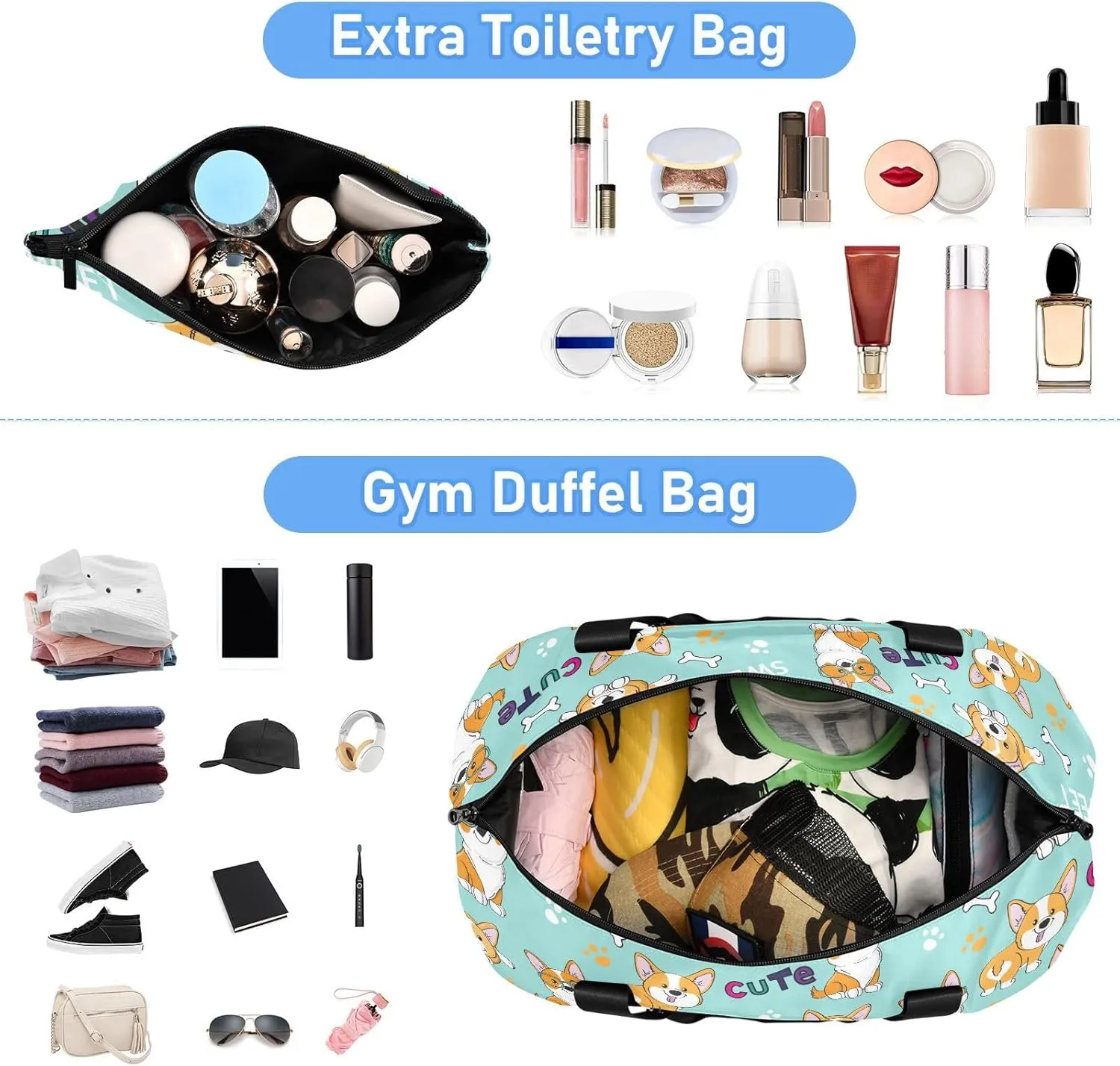 ALAZA Cute Funny Corgi Dogs Travel Duffel Bag for Women Men Sports Gym Bag with Shoe Compartment Tote Weekender Overnight Bags with Wet Pocket for Travel,Gym,Yoga,Swimming