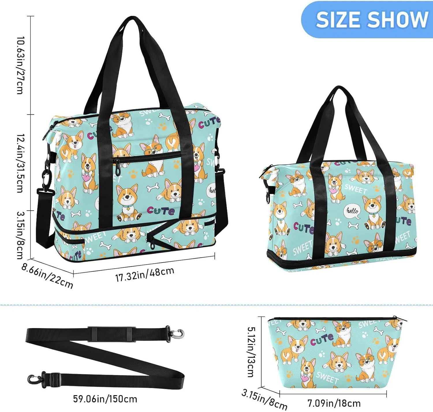 ALAZA Cute Funny Corgi Dogs Travel Duffel Bag for Women Men Sports Gym Bag with Shoe Compartment Tote Weekender Overnight Bags with Wet Pocket for Travel,Gym,Yoga,Swimming