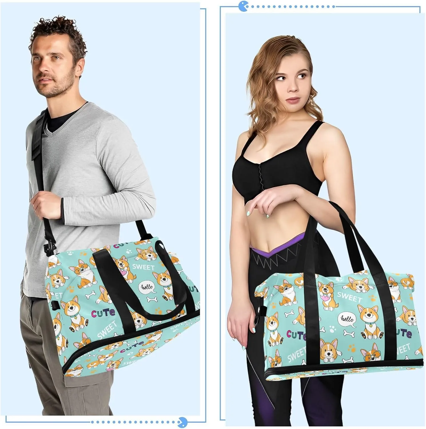 ALAZA Cute Funny Corgi Dogs Travel Duffel Bag for Women Men Sports Gym Bag with Shoe Compartment Tote Weekender Overnight Bags with Wet Pocket for Travel,Gym,Yoga,Swimming