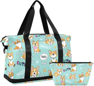 ALAZA Cute Funny Corgi Dogs Travel Duffel Bag for Women Men Sports Gym Bag with Shoe Compartment Tote Weekender Overnight Bags with Wet Pocket for Travel,Gym,Yoga,Swimming