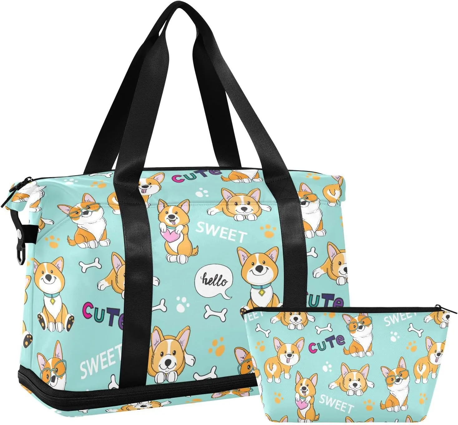 ALAZA Cute Funny Corgi Dogs Travel Duffel Bag for Women Men Sports Gym Bag with Shoe Compartment Tote Weekender Overnight Bags with Wet Pocket for Travel,Gym,Yoga,Swimming