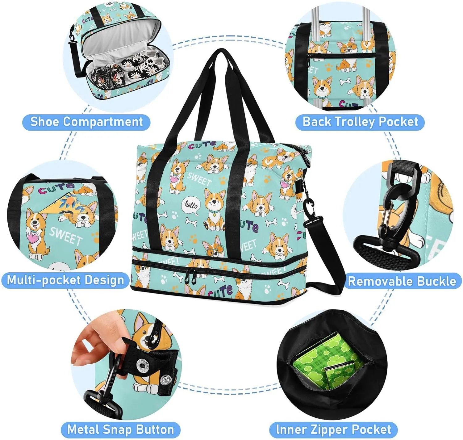 ALAZA Cute Funny Corgi Dogs Travel Duffel Bag for Women Men Sports Gym Bag with Shoe Compartment Tote Weekender Overnight Bags with Wet Pocket for Travel,Gym,Yoga,Swimming