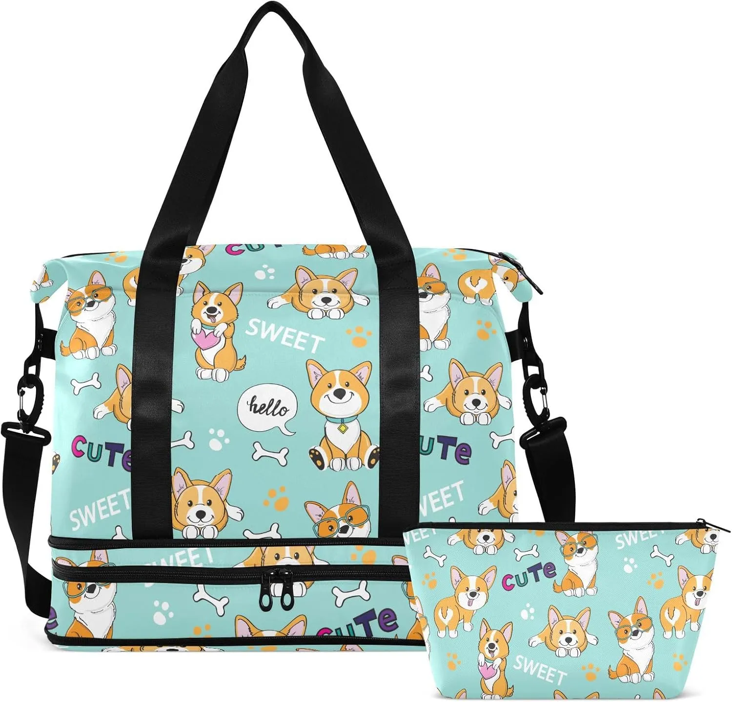 ALAZA Cute Funny Corgi Dogs Travel Duffel Bag for Women Men Sports Gym Bag with Shoe Compartment Tote Weekender Overnight Bags with Wet Pocket for Travel,Gym,Yoga,Swimming