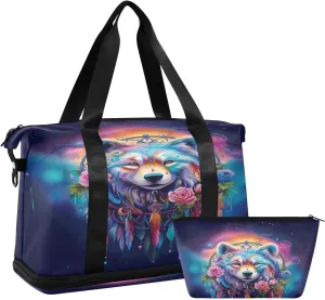 ALAZA Dreamcatcher Boho Feather Wolf Rainbow Travel Duffel Bag for Women Men Sports Gym Bag with Shoe Compartment Tote Weekender Overnight Bag with Wet Pocket for Travel, Gym,Yoga,Swimming