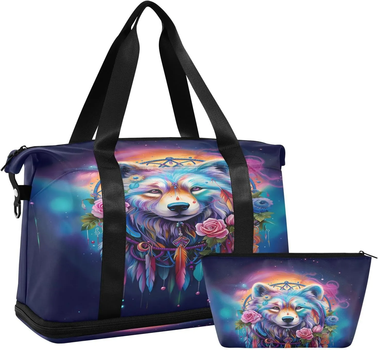 ALAZA Dreamcatcher Boho Feather Wolf Rainbow Travel Duffel Bag for Women Men Sports Gym Bag with Shoe Compartment Tote Weekender Overnight Bag with Wet Pocket for Travel, Gym,Yoga,Swimming