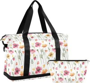 ALAZA Flowers Poppy Petals Travel Duffel Bag for Women Men Sports Gym Bag with Shoe Compartment Tote Weekender Overnight Bag with Wet Pocket for Travel, Gym,Yoga,Swimming