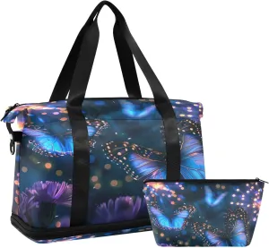 ALAZA Glowing Magical Butterflies Travel Duffel Bag for Women Men Sports Gym Bag with Shoe Compartment Tote Weekender Overnight Bag with Wet Pocket for Travel, Gym,Yoga,Swimming