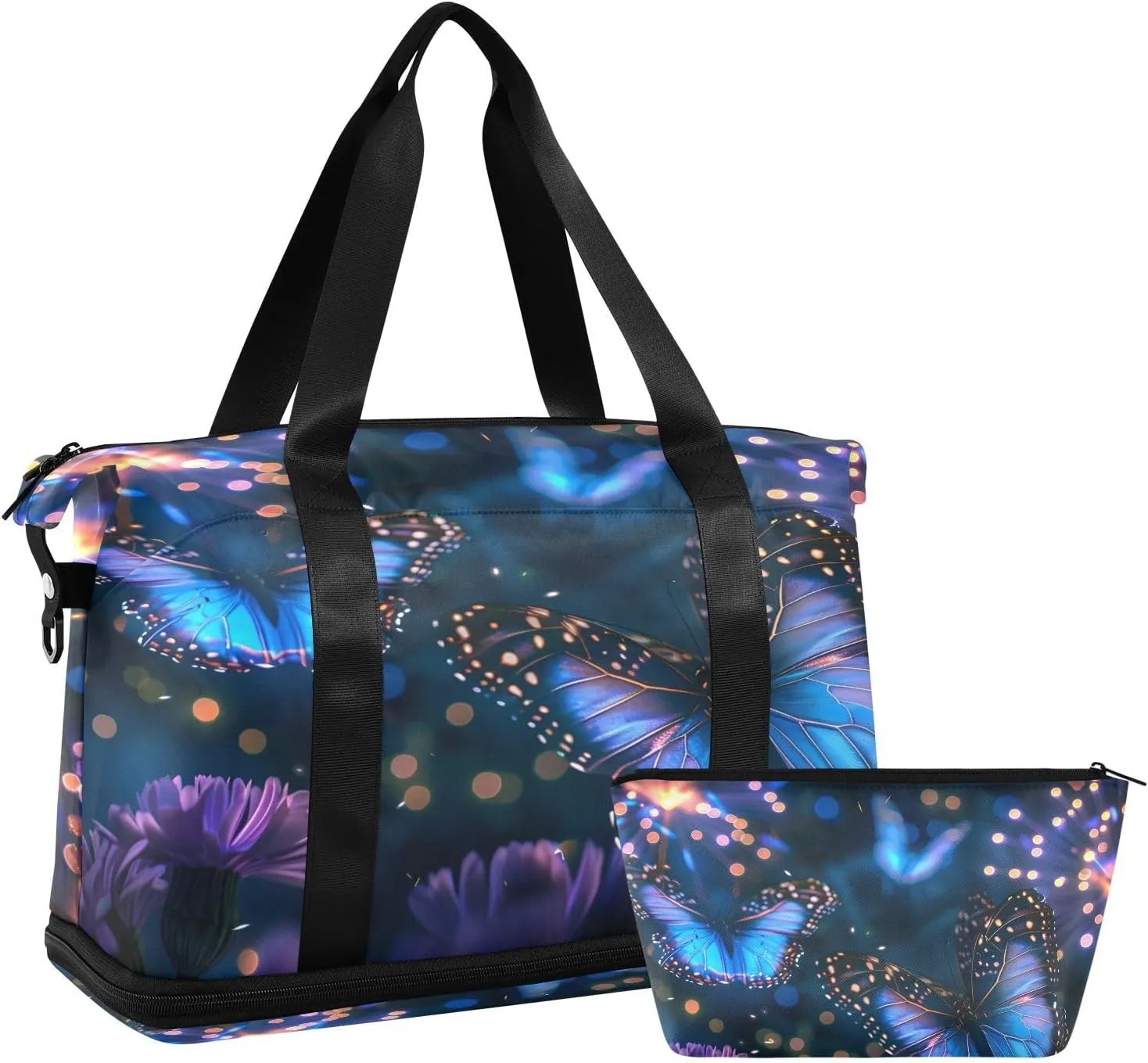 ALAZA Glowing Magical Butterflies Travel Duffel Bag for Women Men Sports Gym Bag with Shoe Compartment Tote Weekender Overnight Bag with Wet Pocket for Travel, Gym,Yoga,Swimming