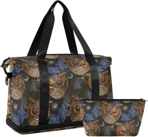ALAZA Gothic Owl Moon Halloween Travel Duffel Bag for Women Men Sports Gym Bag with Shoe Compartment Tote Weekender Overnight Bag with Wet Pocket for Travel, Gym,Yoga,Swimming