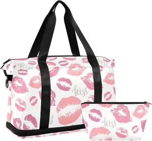ALAZA Kisses Lips Travel Duffel Bag for Women Men Sports Gym Bag with Shoe Compartment Tote Weekender Overnight Bag with Wet Pocket for Travel, Gym,Yoga,Swimming