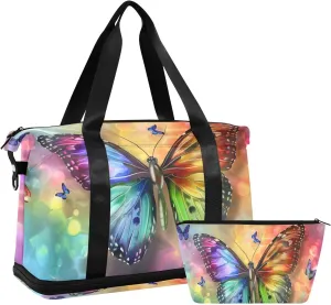 ALAZA Magical Rainbow Butterfly Travel Duffel Bag for Women Men Sports Gym Bag with Shoe Compartment Tote Weekender Overnight Bag with Wet Pocket for Travel, Gym,Yoga,Swimming