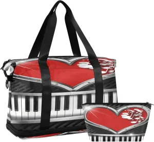 ALAZA Metal Heart Shape Musical Notes Piano Travel Duffel Bag for Women Men Sports Gym Bag with Shoe Compartment Tote Weekender Overnight Bag with Wet Pocket for Travel, Gym,Yoga,Swimming