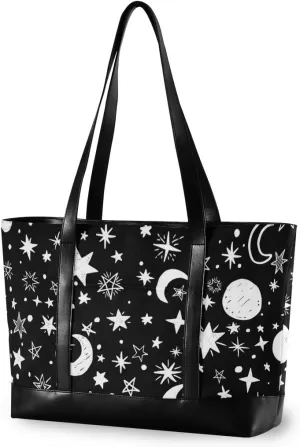 ALAZA Moon And Stars Laptop Tote Bag,Fits 15.6 Inch Laptop,Womens Lightweight Canvas Leather Tote Bag Shoulder Bag