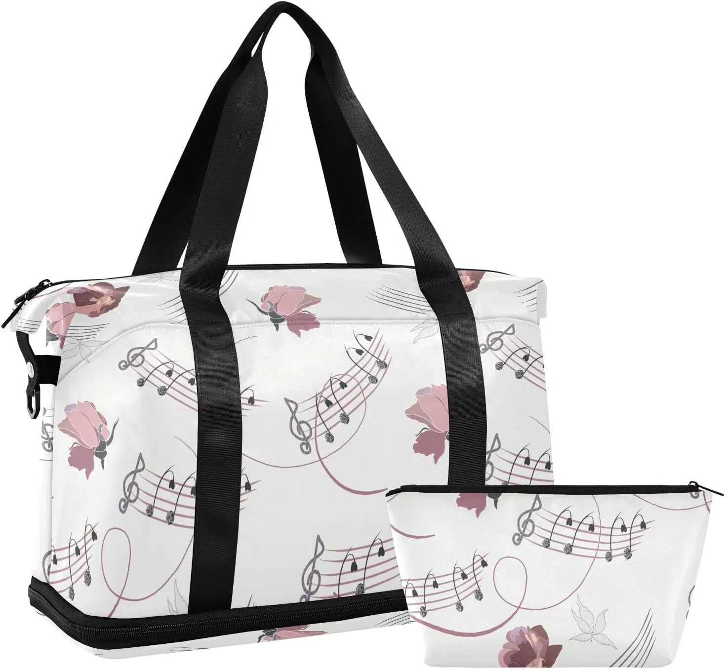 ALAZA Musical Notes with Roses Retro Style Travel Duffel Bag for Women Men Sports Gym Bag with Shoe Compartment Tote Weekender Overnight Bag with Wet Pocket for Travel, Gym,Yoga,Swimming