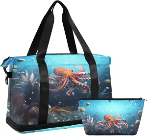 ALAZA Octopus under The Sea Travel Duffel Bag for Women Men Sports Gym Bag with Shoe Compartment Tote Weekender Overnight Bag with Wet Pocket for Travel, Gym,Yoga,Swimming