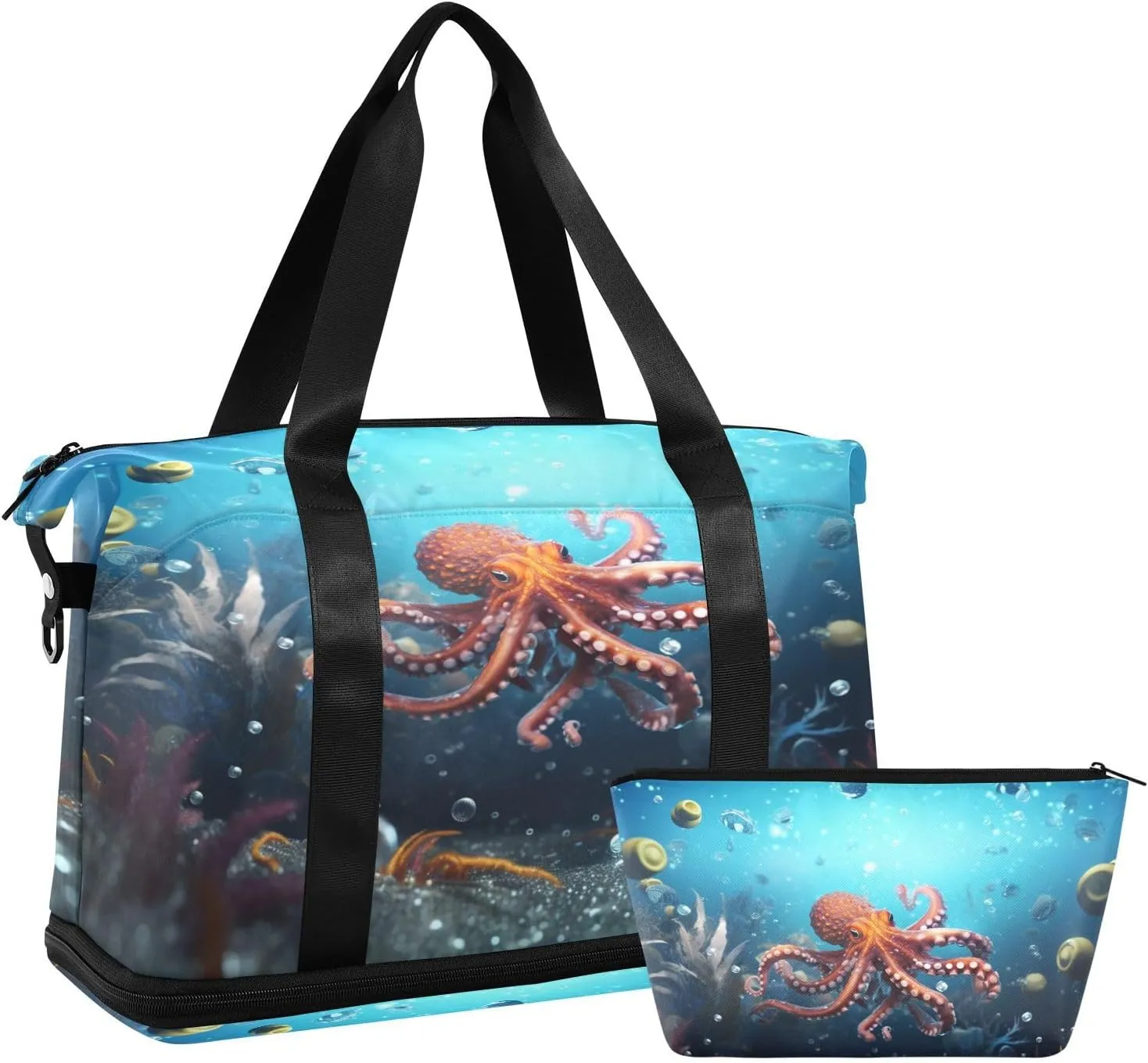 ALAZA Octopus under The Sea Travel Duffel Bag for Women Men Sports Gym Bag with Shoe Compartment Tote Weekender Overnight Bag with Wet Pocket for Travel, Gym,Yoga,Swimming