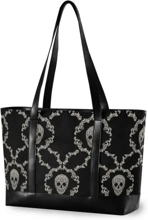 ALAZA Skull Black Laptop Tote Bag,Fits 15.6 Inch Laptop,Womens Lightweight Canvas Leather Tote Bag Shoulder Bag