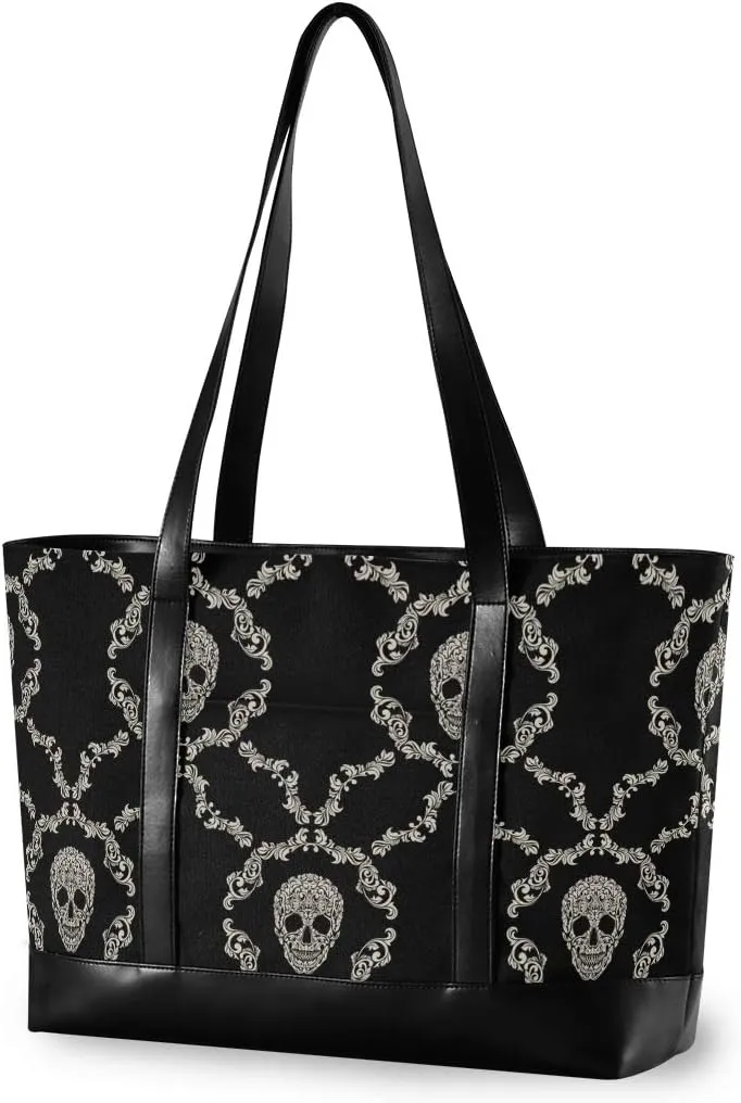 ALAZA Skull Black Laptop Tote Bag,Fits 15.6 Inch Laptop,Womens Lightweight Canvas Leather Tote Bag Shoulder Bag
