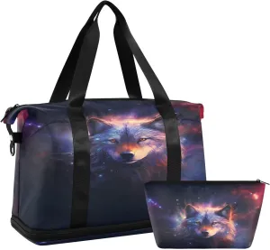 ALAZA Wolf Animal Nebula Galaxy Space Travel Duffel Bag for Women Men Sports Gym Bag with Shoe Compartment Tote Weekender Overnight Bag with Wet Pocket for Travel, Gym,Yoga,Swimming