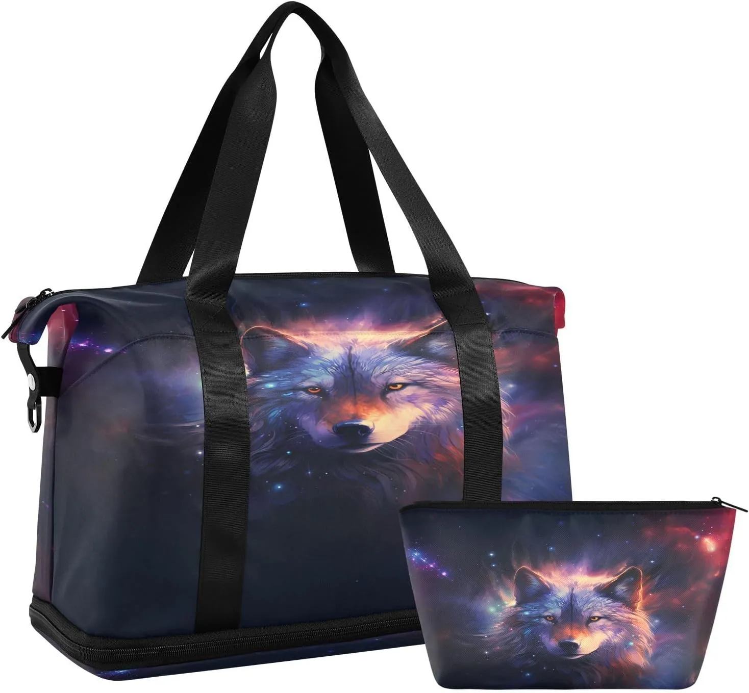 ALAZA Wolf Animal Nebula Galaxy Space Travel Duffel Bag for Women Men Sports Gym Bag with Shoe Compartment Tote Weekender Overnight Bag with Wet Pocket for Travel, Gym,Yoga,Swimming