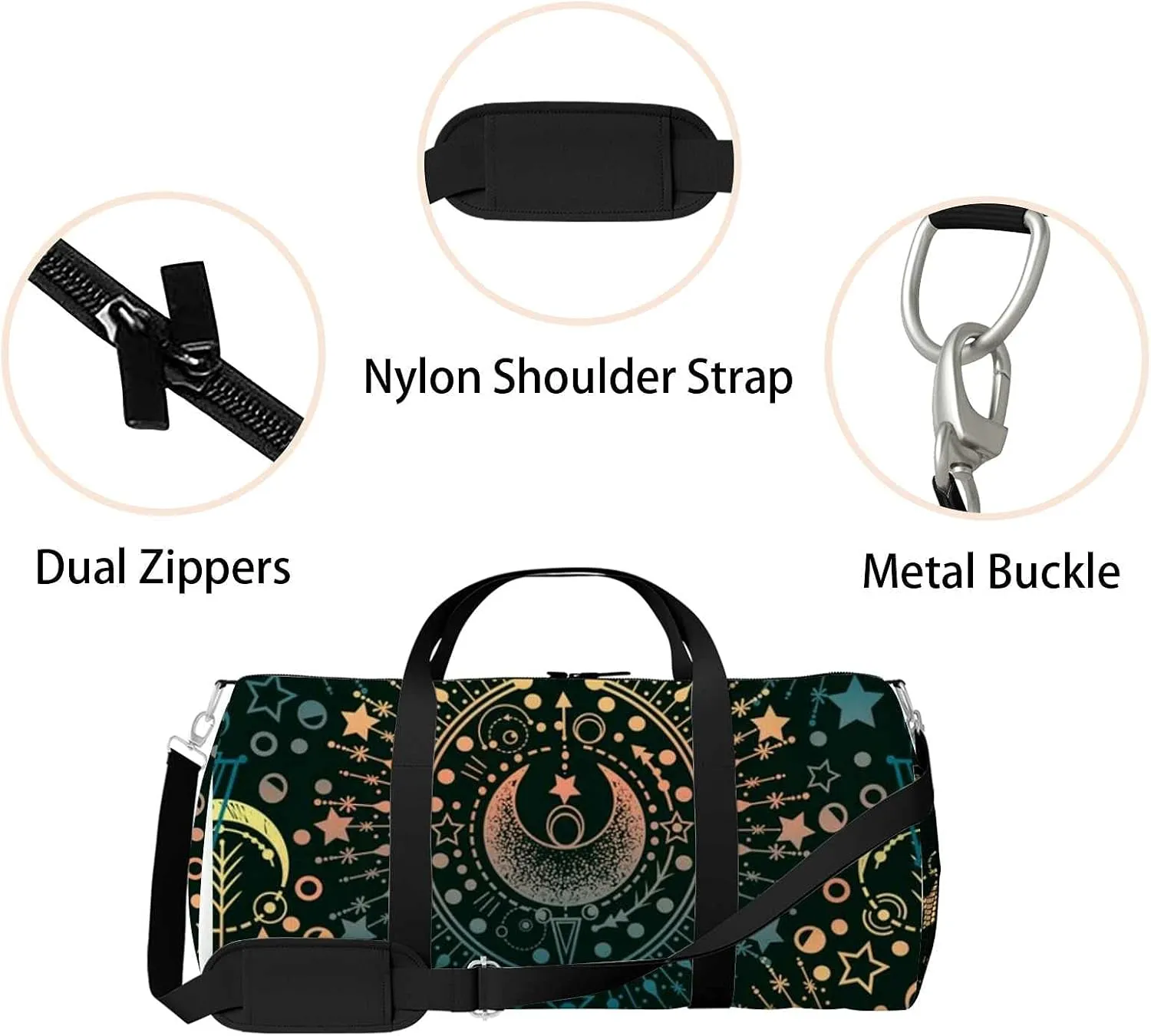 Alchemy Magical Astrology Style Sports Duffel Bag Travel Gym Tote Bags Lightweight Durable Shoulder Strap Waterproof Polyester Outside Mesh Pocket Overnight Trip Duffel Bag for Women Men