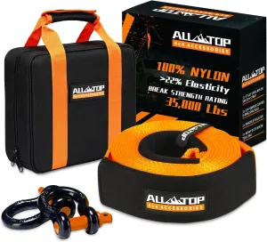 ALL-TOP Heavy Duty Tow Strap Recovery Kit: 3 inch x 20ft (35,000lbs) 100% Nylon and 22% Elongation Snatch Strap   3/4 Heavy Duty D Ring Shackles (2pcs)   Storage Bag