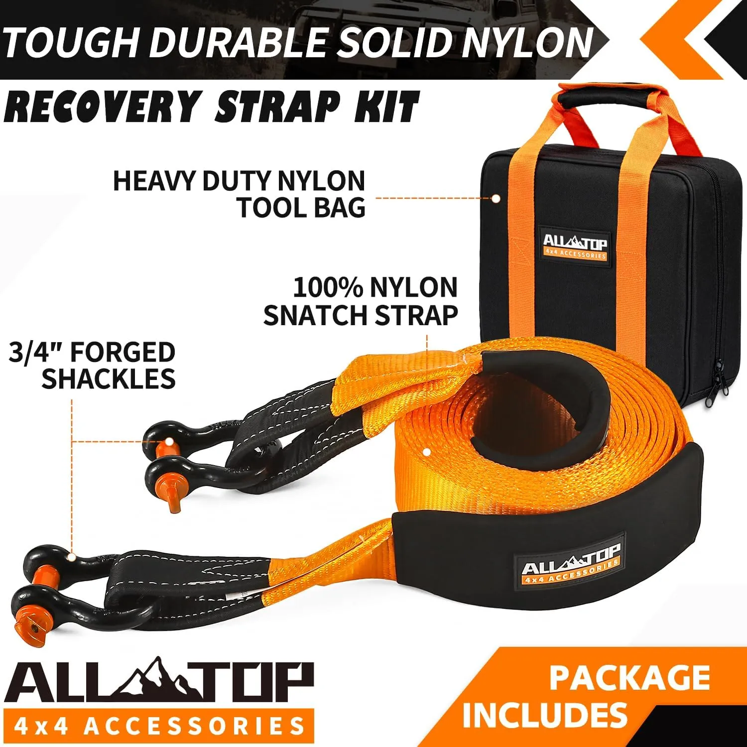 ALL-TOP Heavy Duty Tow Strap Recovery Strap Kit : 3 inch x 30 ft (35,000 lbs) 100% Nylon and 22% Elongation Snatch Strap   3/4 D Ring Shackles (2pcs)   Storage Bag