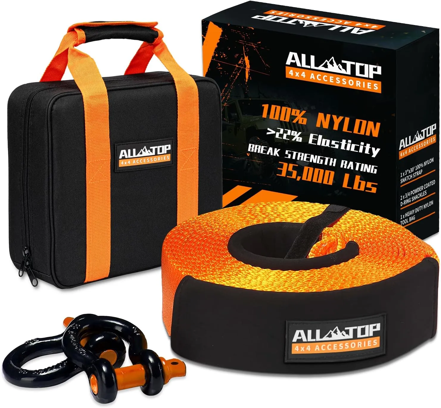 ALL-TOP Heavy Duty Tow Strap Recovery Strap Kit : 3 inch x 30 ft (35,000 lbs) 100% Nylon and 22% Elongation Snatch Strap   3/4 D Ring Shackles (2pcs)   Storage Bag