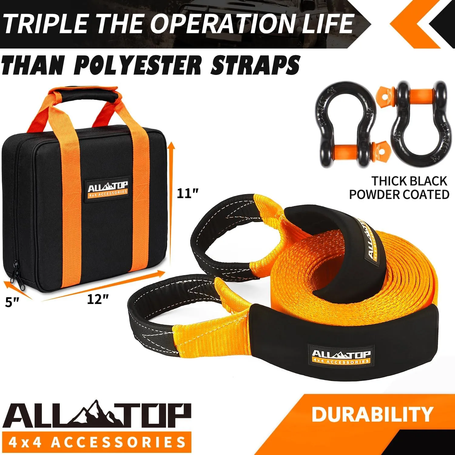 ALL-TOP Heavy Duty Tow Strap Recovery Strap Kit : 3 inch x 30 ft (35,000 lbs) 100% Nylon and 22% Elongation Snatch Strap   3/4 D Ring Shackles (2pcs)   Storage Bag