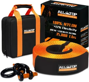 ALL-TOP Heavy Duty Tow Strap Recovery Strap Kit : 3 inch x 30 ft (35,000 lbs) 100% Nylon and 22% Elongation Snatch Strap   3/4 D Ring Shackles (2pcs)   Storage Bag