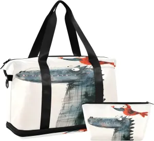 Alligator Head and Red Bird Travel Duffel Bag Waterproof Gym Sport Tote Bag Carry On Weekender Bag with Compartment